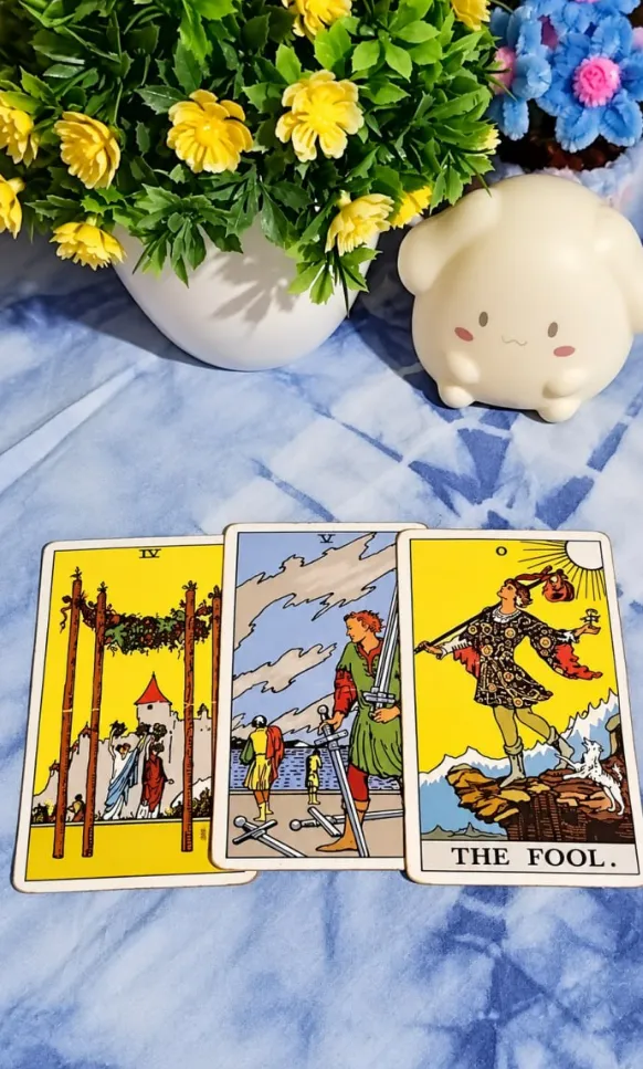 A real JA Tarot spread: Four of Wands, Five of Swords and The Fool